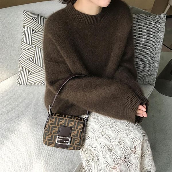 

thick soft sweater lazy mink cashmere jumper 2021 autumn winter solid color pullovers women long sleeve knitted women's sweaters, White;black