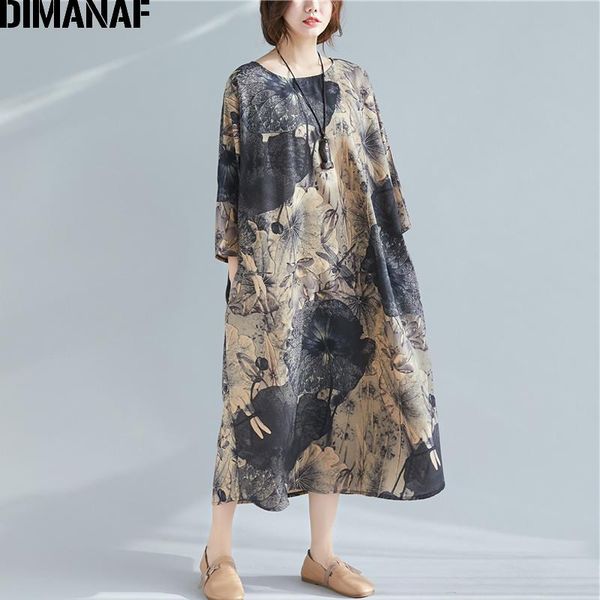 

casual dresses dimanaf plus size women dress vintage print female lady elegant vestidos long sleeve loose oversize clothing spring, Black;gray
