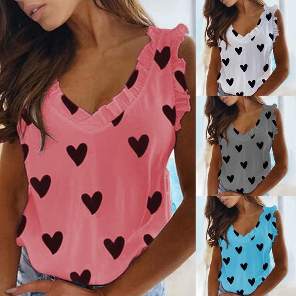 

women's blouses & shirts 2021 spring heart print ruffle blouse shirt women v-neck butterfly sleeveless summer retro loose streetwe, White