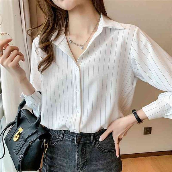 

korean chiffon long sleeve women shirt white striped plus size xxl