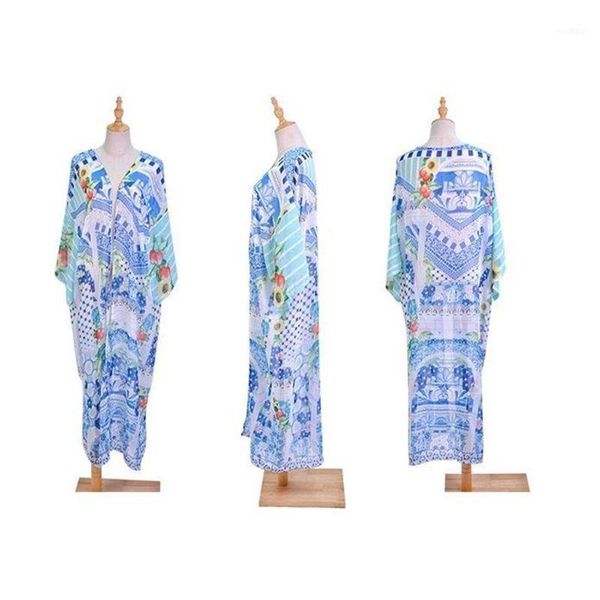 

womens chiffon maxi floor length open front kimono cardigan boho geometric floral irregular digital printing bikini cover up1, White