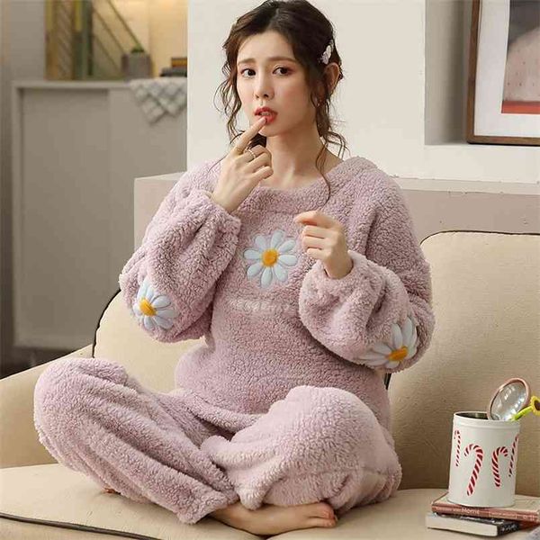 Atuendo зима теплый фиолетовый шелковый пижамный набор для женщин 100% бархат на домохозяйственную фланельную пищу мода атласная мягкая плюша ночная одежда 210809