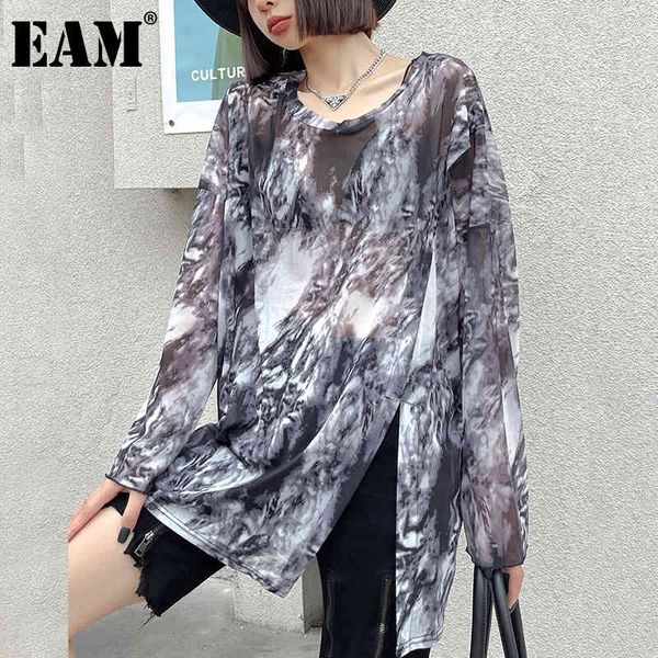 

[eam] women black pattern printed hem vent big size t-shirt round neck long sleeve fashion spring summer 1dd8425 21512, White