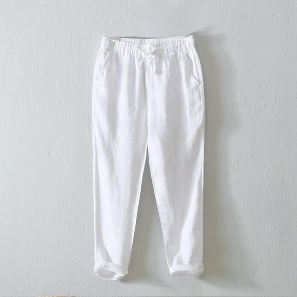 

men's pants linen rope elastic waist men's trousers loose straight leg solid color breathable chinese style cotton white casual, Black