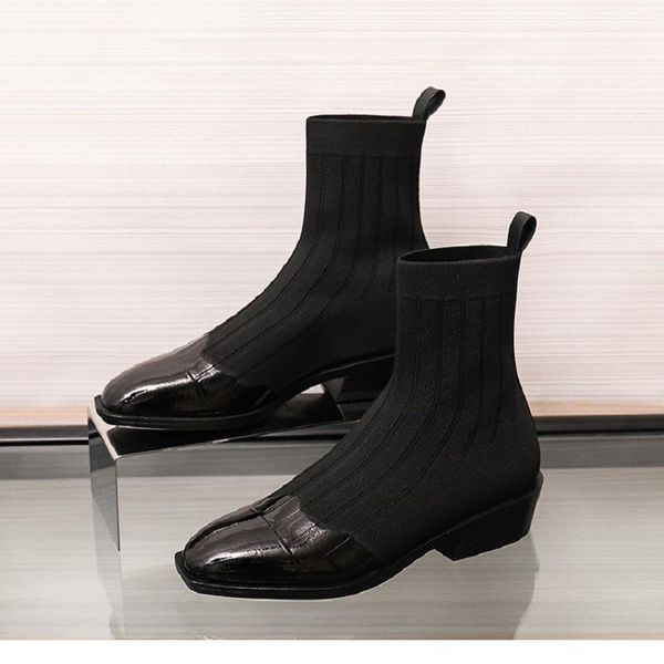 

boots women ankle stretch knitting sock plus size pointed toe autumn winter high heels female slip on lady shoes z11-79, Black