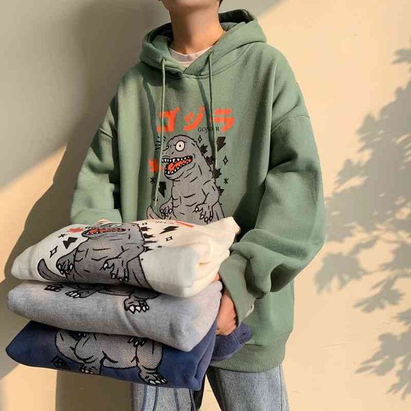 

sweater men's trendy autumn and winter plush thickened hip hop hooded print loose cartoon student coat, Black