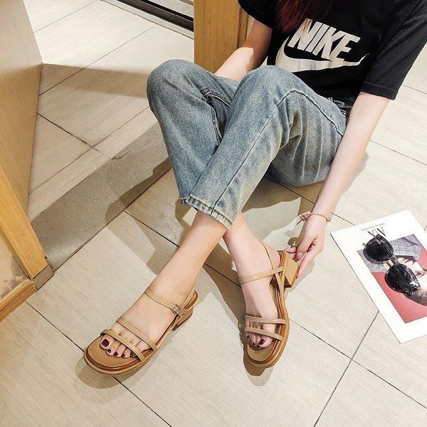 

dress shoes black khaki chunky heel sandals women pu narrow band open toe ankle buckle summer sandlias de mujer