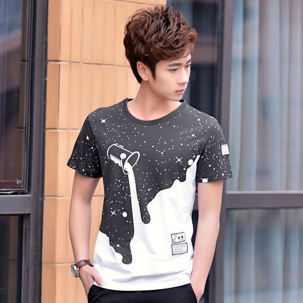 

men's shirt 2020 summer men's round neck short sleeve t-shirt pour milk pattern youth slim bottom shirt, White;black