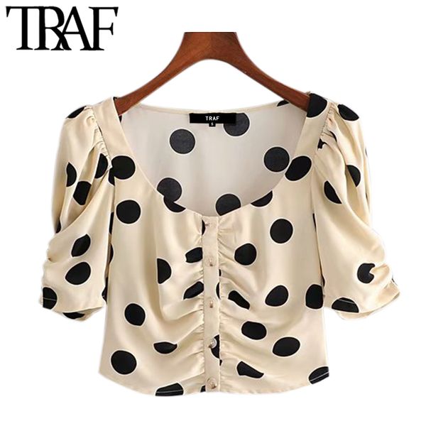 

traf women sweet fashion polka dot pleated cropped blouses vintage square collar puff sleeve female shirts chic 210415, White