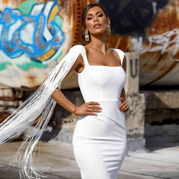 

romper adyce summer tassel sleeveless club bandage dress women black knee length celebrity runway party bodycon dresses, Black;white