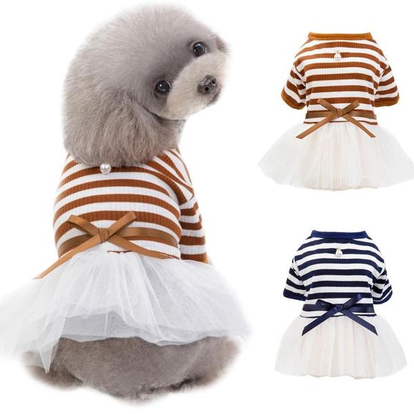 

dog apparel dresses small dress pet bowknot cat cute spring summer clothes striped layer cake princess