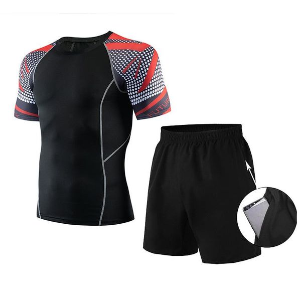 

running sets short-sleeved sports fitness suit men's quick-drying clothes wear gym breathable sweat-absorbent tights sportswear, Black;blue