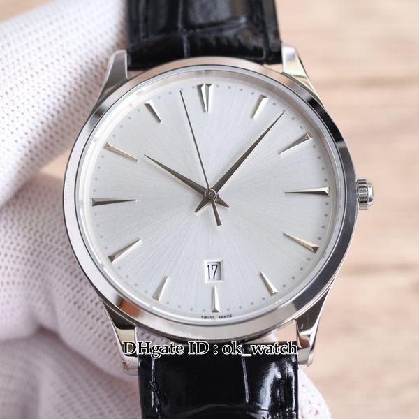 

new ultra-thin master 1288420 9015 movement automatic mens watch 40mm q1288420 sapphire white dial gents fashion watches black leather strap, Slivery;brown