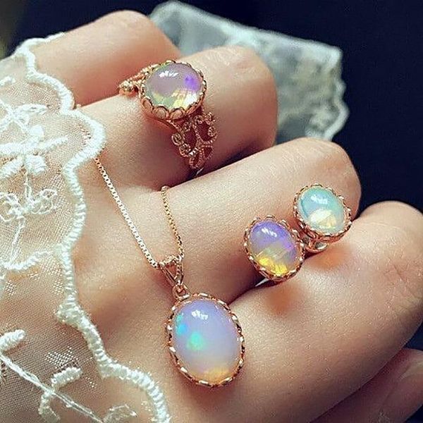 

earrings & necklace 4pcs/set vintage opal jewelry sets for woman pendant necklaces choker water drop ring bohemia wedding gold, Silver