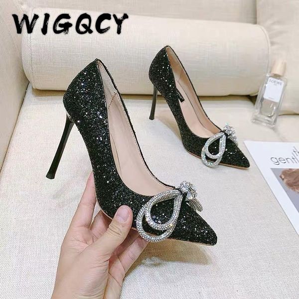 

dress shoes silver high heels women's autumn pumps women stiletto bow pointed rhinestone sequin crystal princess wedding, Black