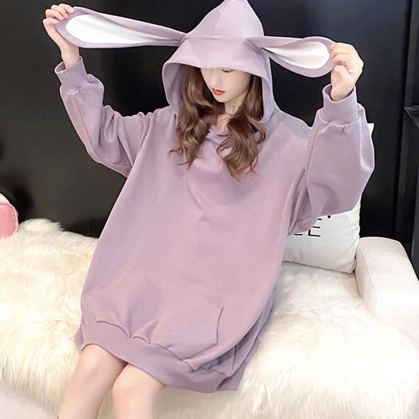

solid color hoodies women's sweatshirt autumn winter fashion ears long hooded sweatshirts oversized hoodie 2021 &, Black