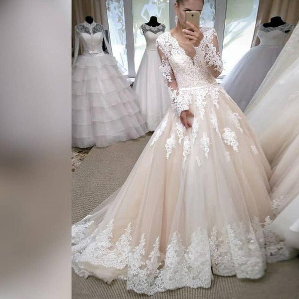 

other wedding dresses elegant plus size lace arabic long sleeves bridal gowns v neck sweep train marriage gown, White