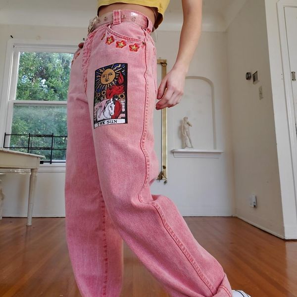 

2011vintage pink womens jeans pants mid-waist sun star pattern young girl denim trousers summer autumn female cute jeans cartoon, Blue