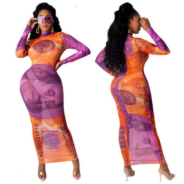 

women's a8702 casual dresses mesh perspective dollar positioning print long sleeve dress, Black;gray