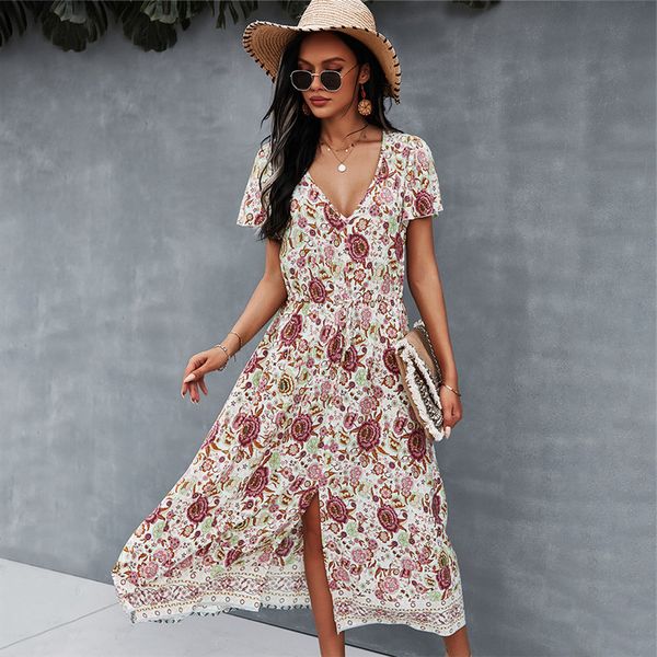 

v neck print women 2021 spring new casual short sleeve floral for woman summer high waist dress, Black;gray