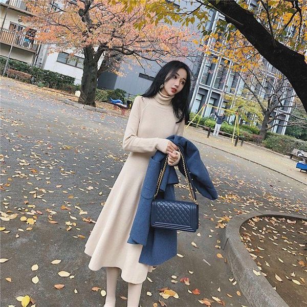 

casual dresses 2021 autumn winter women long sleeve jumper turtleneck sweaters dress lady sweater loose warm knitted g05, Black;gray