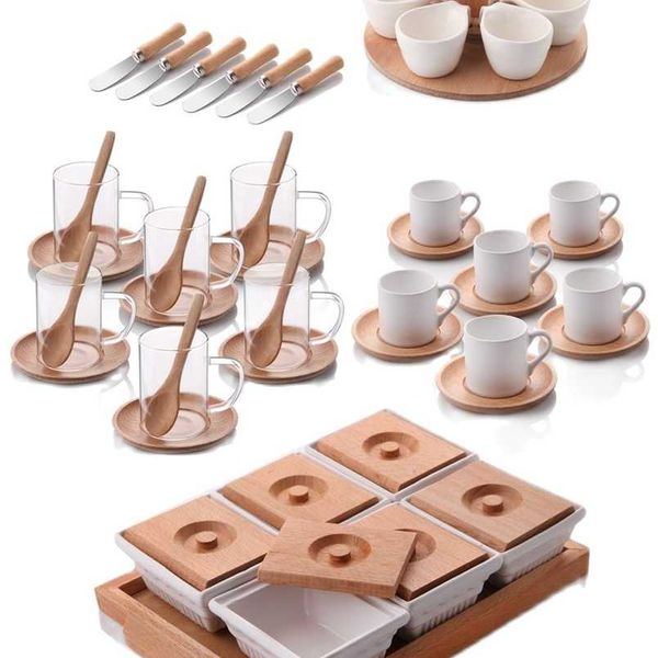 Hochwertiges Holz-Bambus-Frühstücksteam-Clamshell-Tablett, Teeservice, Tasse, Kaffeetasse, Saucenlöffel, Messer, Präsentationsservice 211112