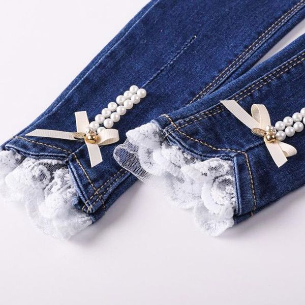 

jeans girls spring cotton denim lace patchwork leg beading pattern children trousers pencil leggings 4-14y kids pant, Blue