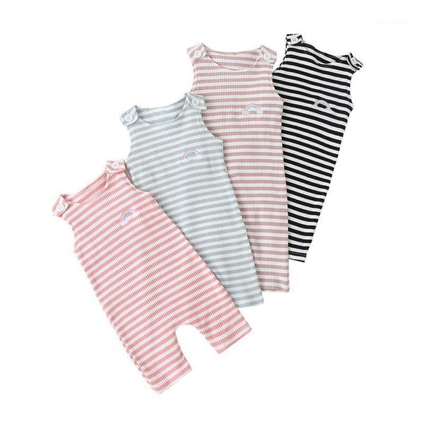 

jumpsuits baby's stripe print jumpsuit, born boy girl sleeveless o-neck long pants romper with rainbow embroidery1, Blue