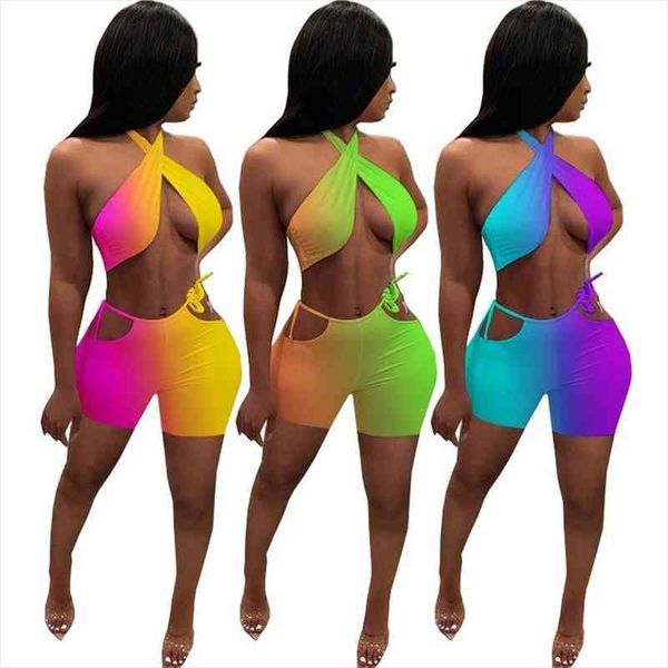 

gradient color 2 piece set halter crop hollow out biker shorts club party short matching set summersuit, Gray