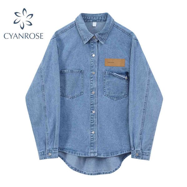 

women's denim shirt coat cardigan single breasted lapel casual oversized blue jacket female fashion boyfriend chic ins 210417, Black;brown