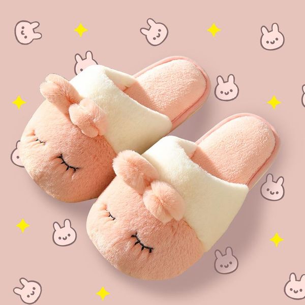 

cotton slippers winter autumn fur home warm thick bottom indoor ladies shoes house women cute fluffy flip flops, Black
