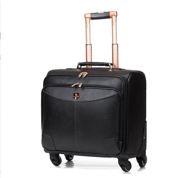 

suitcases red/black genuine leather trolley luggage on universal wheels,16inches male and female cow bags