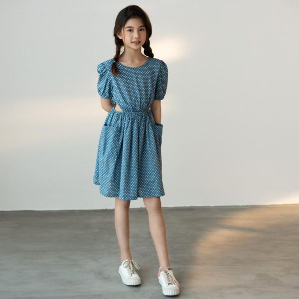 

yourseason korean girls 2021 summer blue dot casual dress square collar pockets kids girl cotton dresses lantern sleeve girl's, Red;yellow