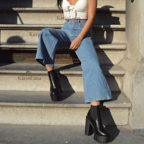 

boots brand design gothic square heel platform solid chunky women ankle autumn elegant woman shoes, Black