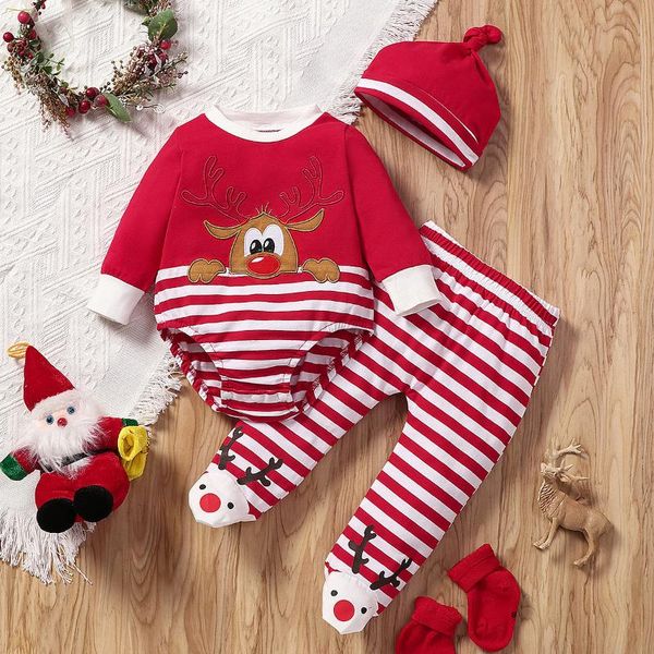 

clothing sets baby christmas clothes toddlers girls boys elk long-sleeved romper+striped pants+hat three-piece suit 0-18m, White
