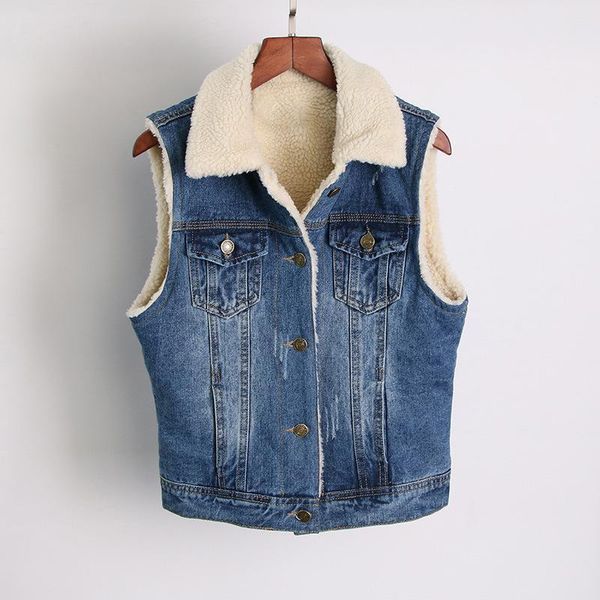 

women's vests autumn winter women lamb denim vest thicken slim sleeveless short casual fashion jacket female plus size outwear waistcoa, Black;white