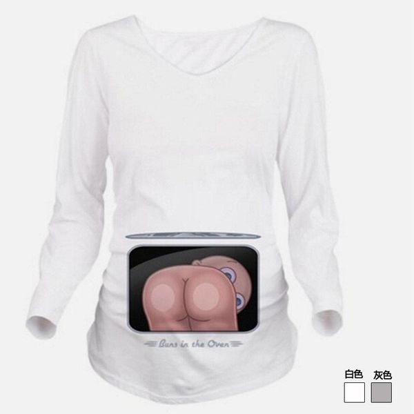 

maternity & tees long-sleeved round neck cartoon printed cotton solid color t-shirt pregnant women's shirt breastfeeding clothing autu, White