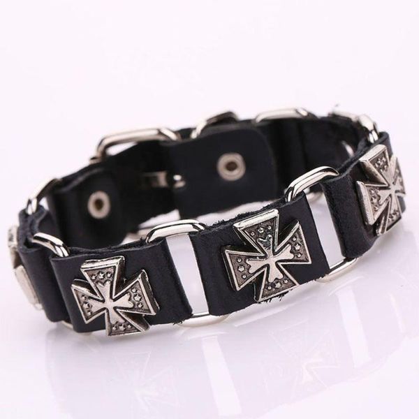 

charm bracelets men's punk adjustable leather strap bracelet metal cross wristband h05d, Golden;silver