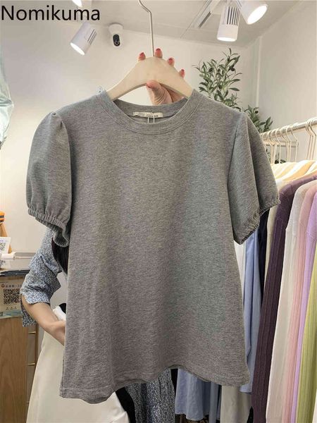 

nomikuma korean puff sleeve woman tshirts causal o-neck solid graphic t shirts summer chic blusas mujer de moda 6g985 210427, White