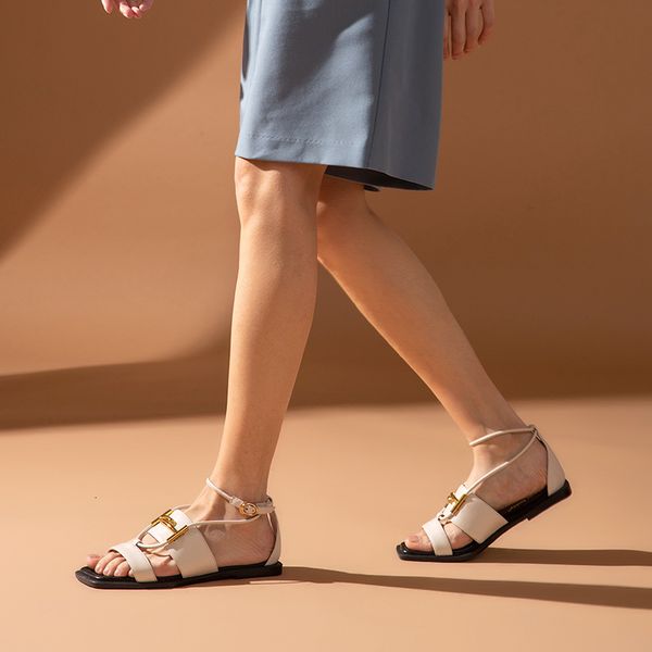 

sandals gladiator sandals women calf genuine leather metal decoration ankle strap summer ladies flat shoes handmade 33031, Black