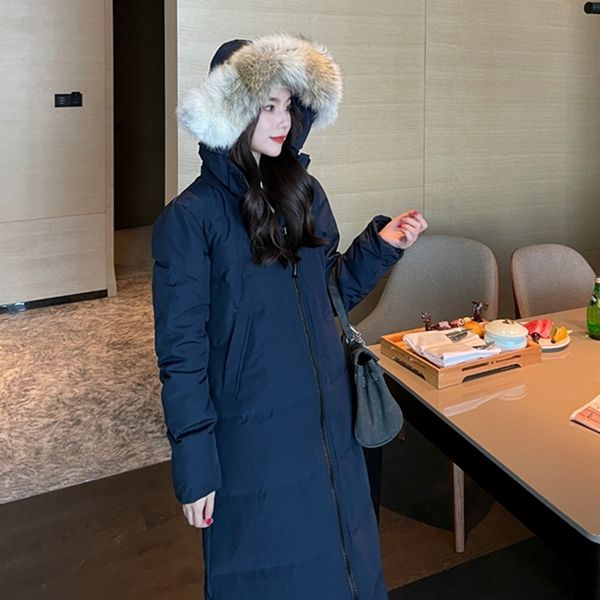 

2021 winter goose 22 down jacket expedition wolf hair collar long women's slim warm, Black