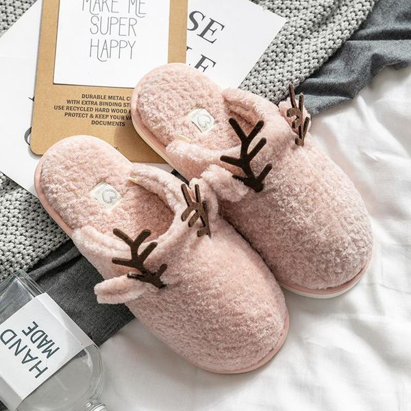 

cuddlyiipanda cute antler cotton slippers christmas elk deer women's winter home furry cottonwarm shoes fluffy, Black