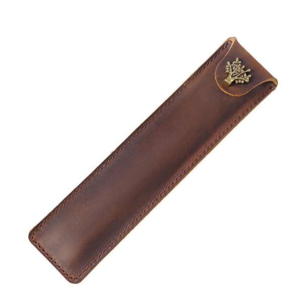 

pencil bags genuine leather pen pouch holder single bag case with snap button for rollerball fountain ballpoint (brown)