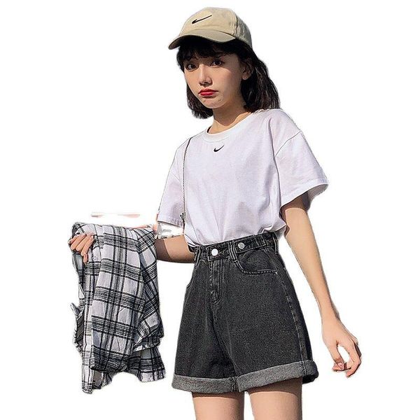

women's shorts ftlzz summer women high waist button wigh leg jeans casual female loose fit blue denim, White;black
