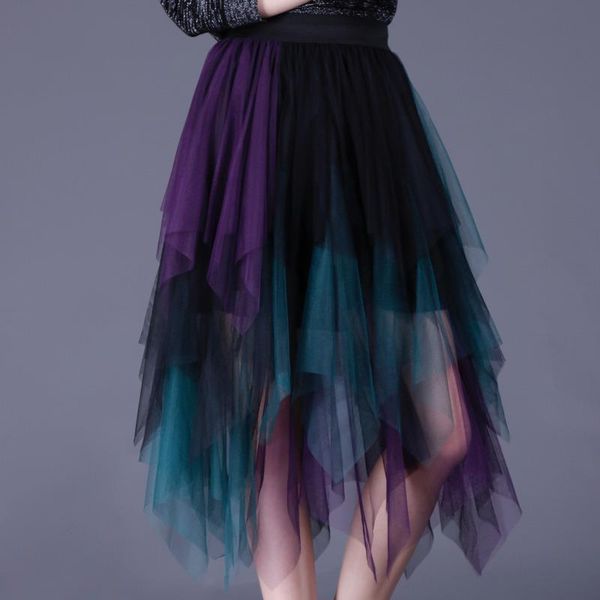 

[ewq] faldas elegant high waist womens skirt elastic all match casual contrasting irregular pleated mesh 16q27105b, Black