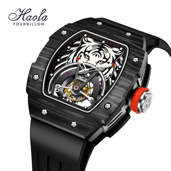 

wristwatches haofa luxury skeleton tourbillon mechanical watch for men sapphire carbon fiber case manual animal dial, Slivery;brown