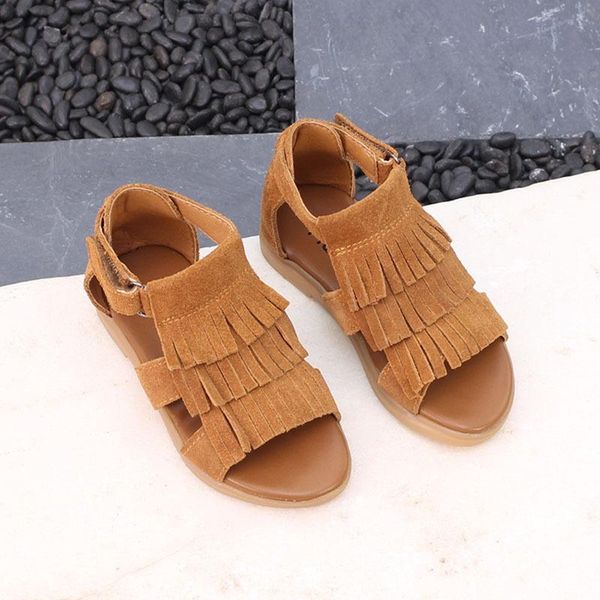 

sandals girls genuine leather kids shoes fringe tassel girl princess open toe childrens summer sandalen meisje 21-30, Black;red