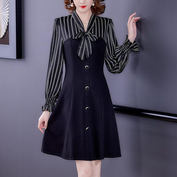 

casual dresses coigarsam dress women autumn french style fashion striped long sleeve high waist black robe vestidos, Black;gray