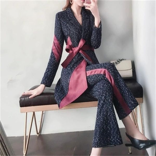

women's suits & blazers fashion stitching woolen suit female autumn and winter temperament slim western style wide leg pants two-piece, White;black