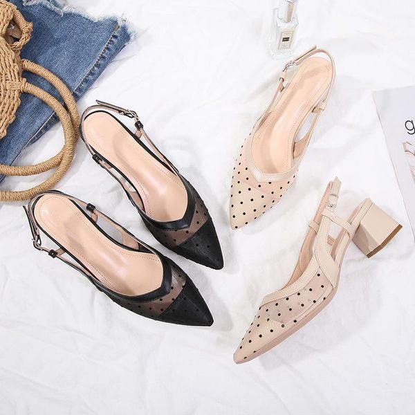 

mesh crystal women sandals ladies pointed toe back strap high heels shoes woman solid ankle wrop sandalias mujer 2021, Black